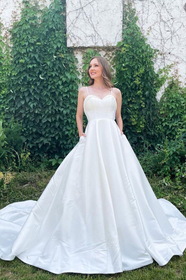 Elegant White Satin Sweetheart Long Prom Dress White Wedding Dress,WP294