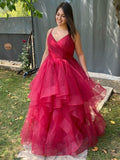 Yellow Layered Tulle Long Prom Dress V Neck Party Dress WP437