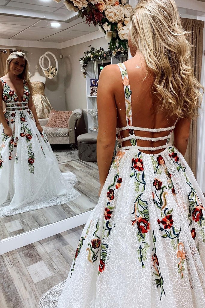 A Line Floral Embroidery Lace Prom Dress Backless Party Dress,WP325