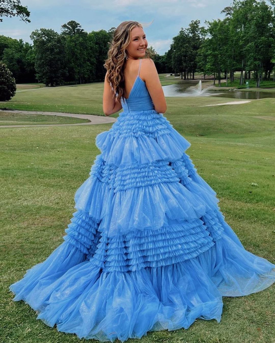 Sparkly Tulle Ball Gown Side Slit Layered Long Prom Dress,WP301