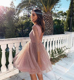 Sparkly Rose Pink Tulle Short Prom Dress Short Homecoming Dress,WD023