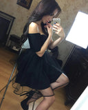 Off The Shoulder Half Sleeve Short Homecoming Dress Black Tulle Graduation Dress,WD035