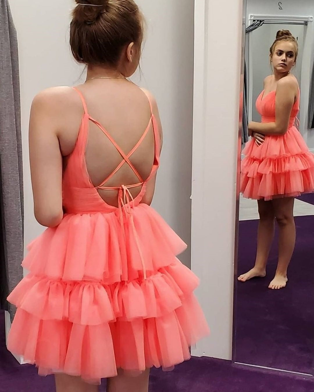 Coral Layered Tulle Straps Short Homecoming Dress WD206