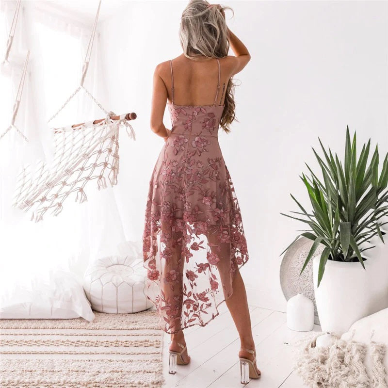 High Low Blush Homecoming Dress With Lace Appliques,WD138