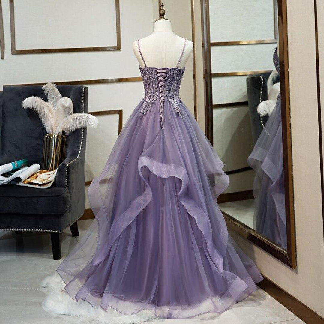 A Line Purple Tulle Prom Dress With Lace Appliques,WP239