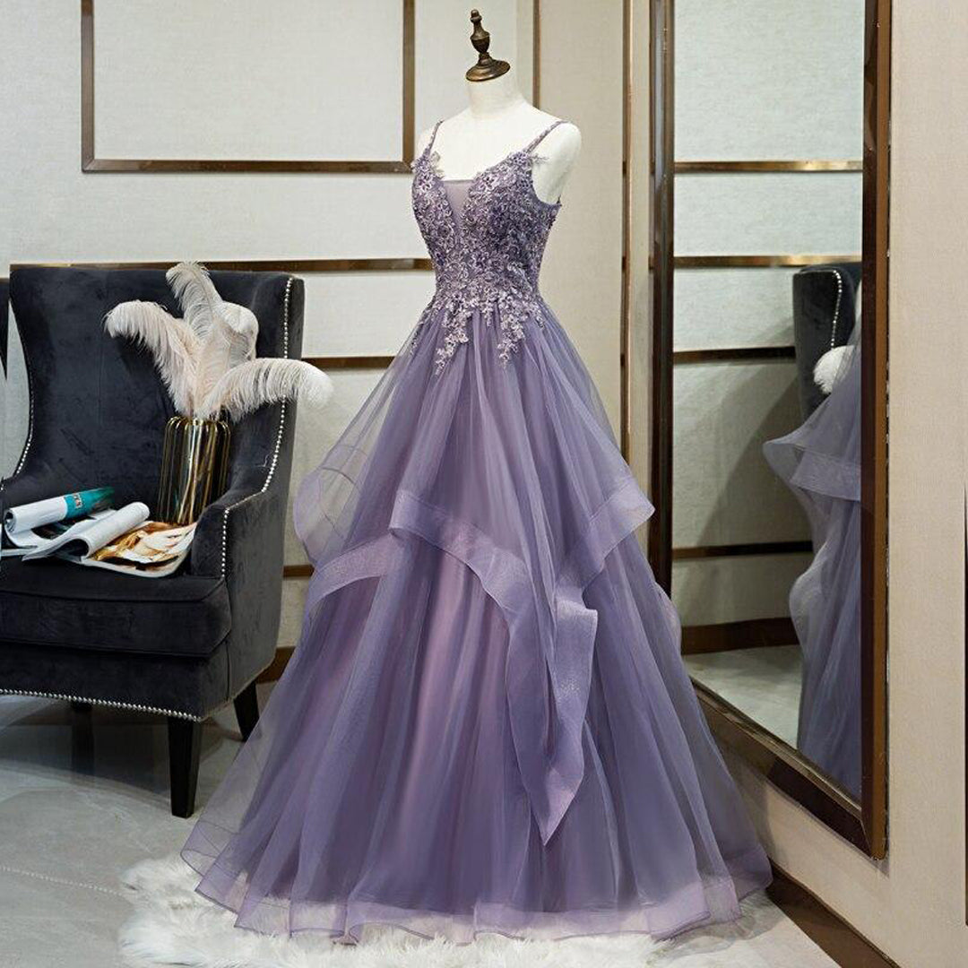 A Line Purple Tulle Prom Dress With Lace Appliques,WP239