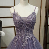 A Line Purple Tulle Prom Dress With Lace Appliques,WP239