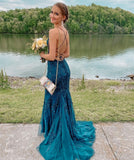 Charming Mermaid Spaghetti Straps Tulle Long Prom Dress With Lace Appliques,WP315