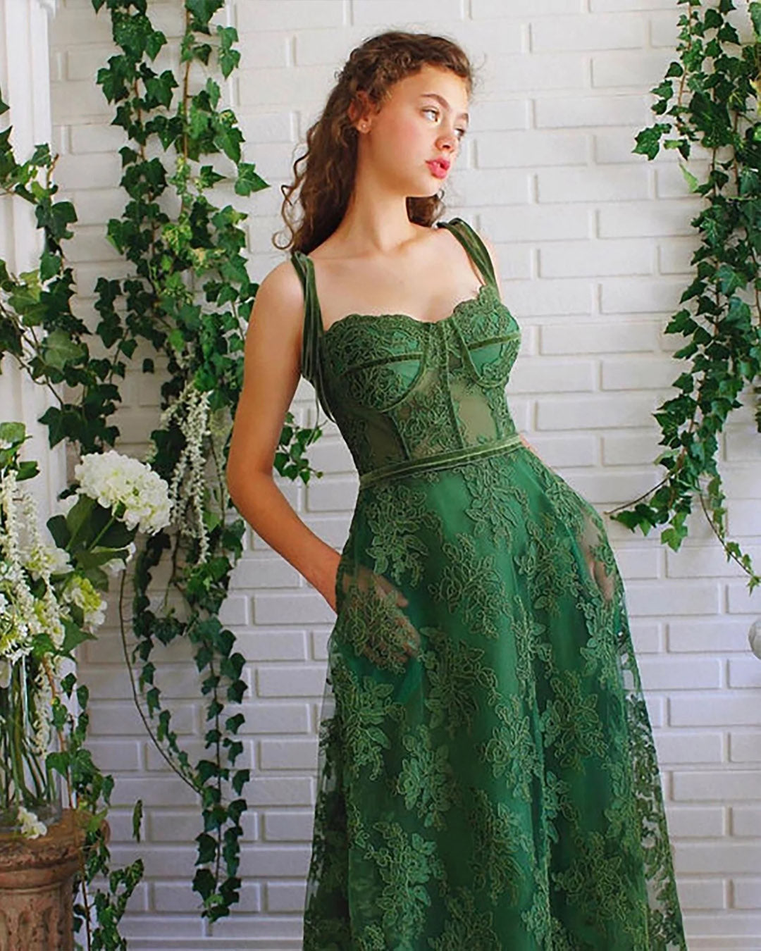 A Line Sweetheart Dark Green Lace Long Prom Dress With Pocket,WP321