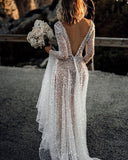 Sparkly See Through Long Sleeve Wedding Dress,WW034