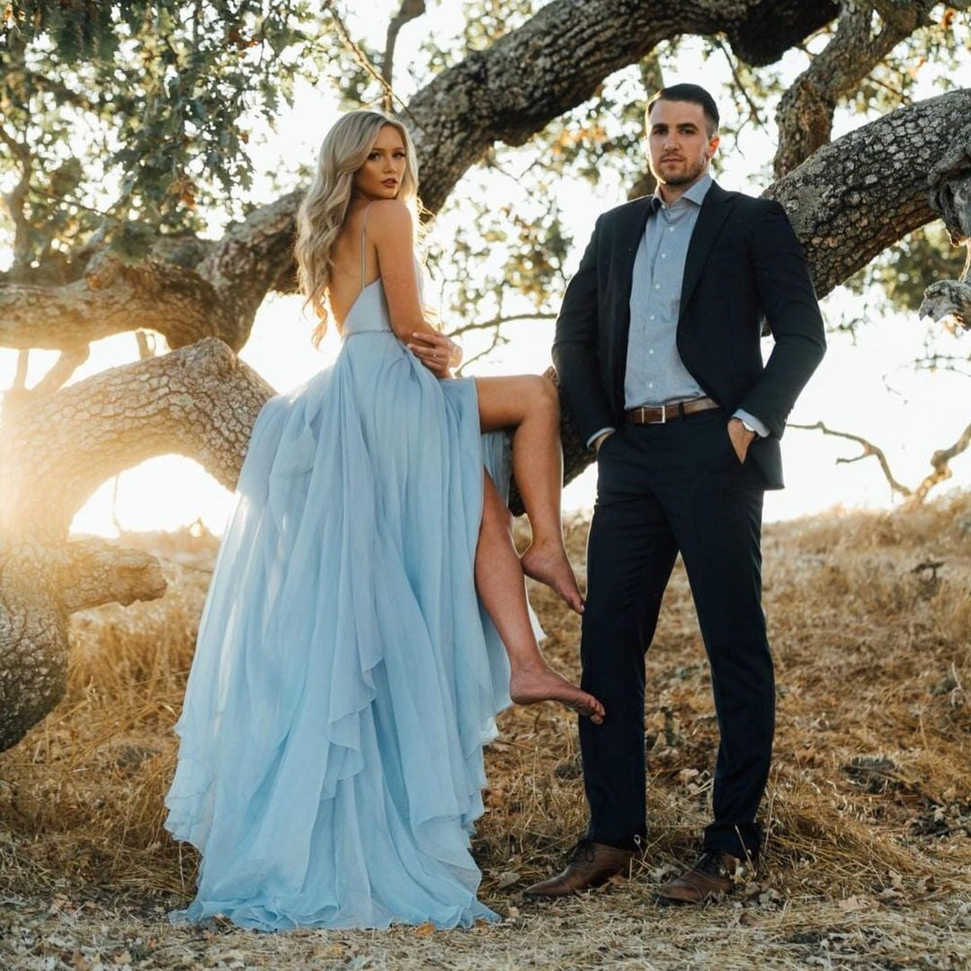 Rustic Sky Blue Chiffon Wedding Dress Slit Prom Dress,WW084 – winkbridal