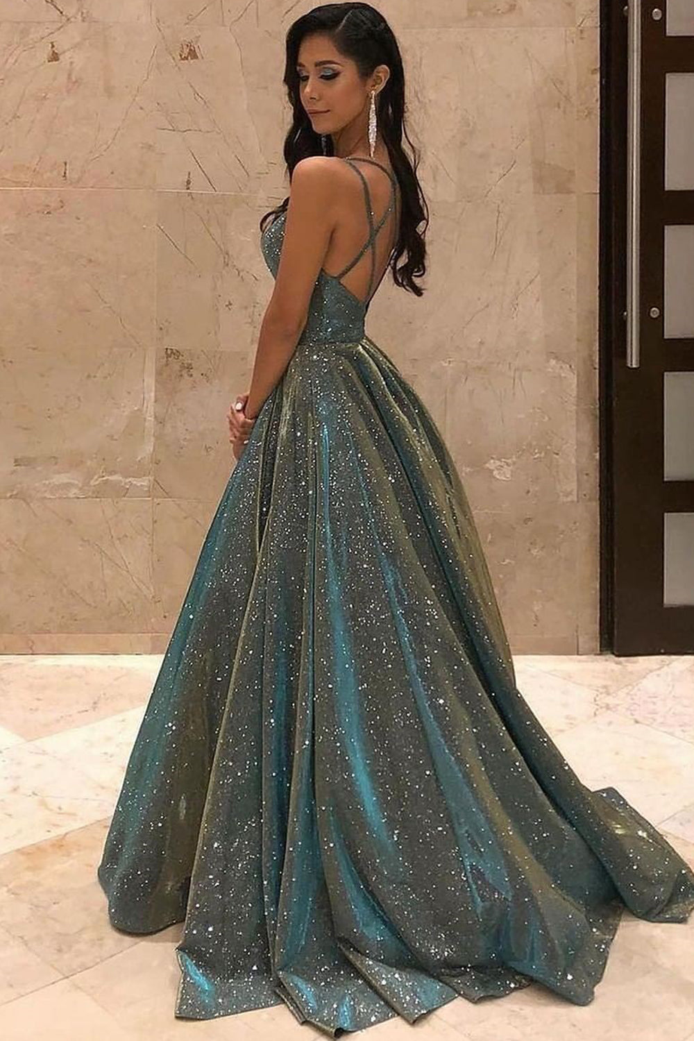 Sparkly Ball Gown Spaghetti Straps Prom Dress Backless Evening Dress,WP057