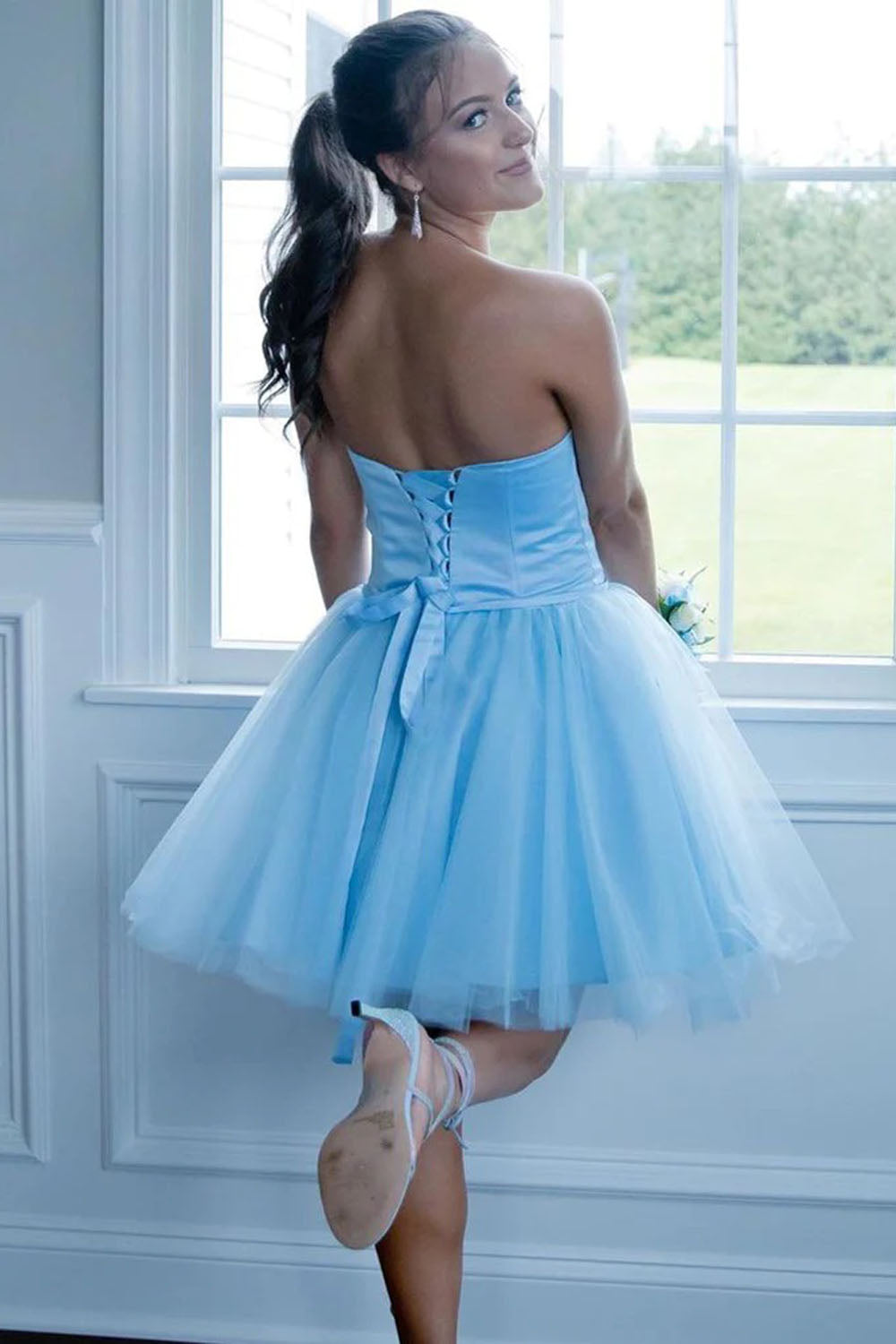 Simple Strapless Sky Blue Lace Up Homecoming Dress WD203