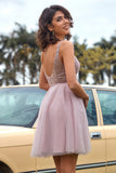Blush Tulle Sequins Lovely Homecoming Dress,Short Party Dress WD222