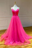 Long Hot Pink Tulle Prom dresses With High Slit,WP374