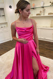 A-Line Cowl Neck Satin Long Prom Dress With Slit,WP411