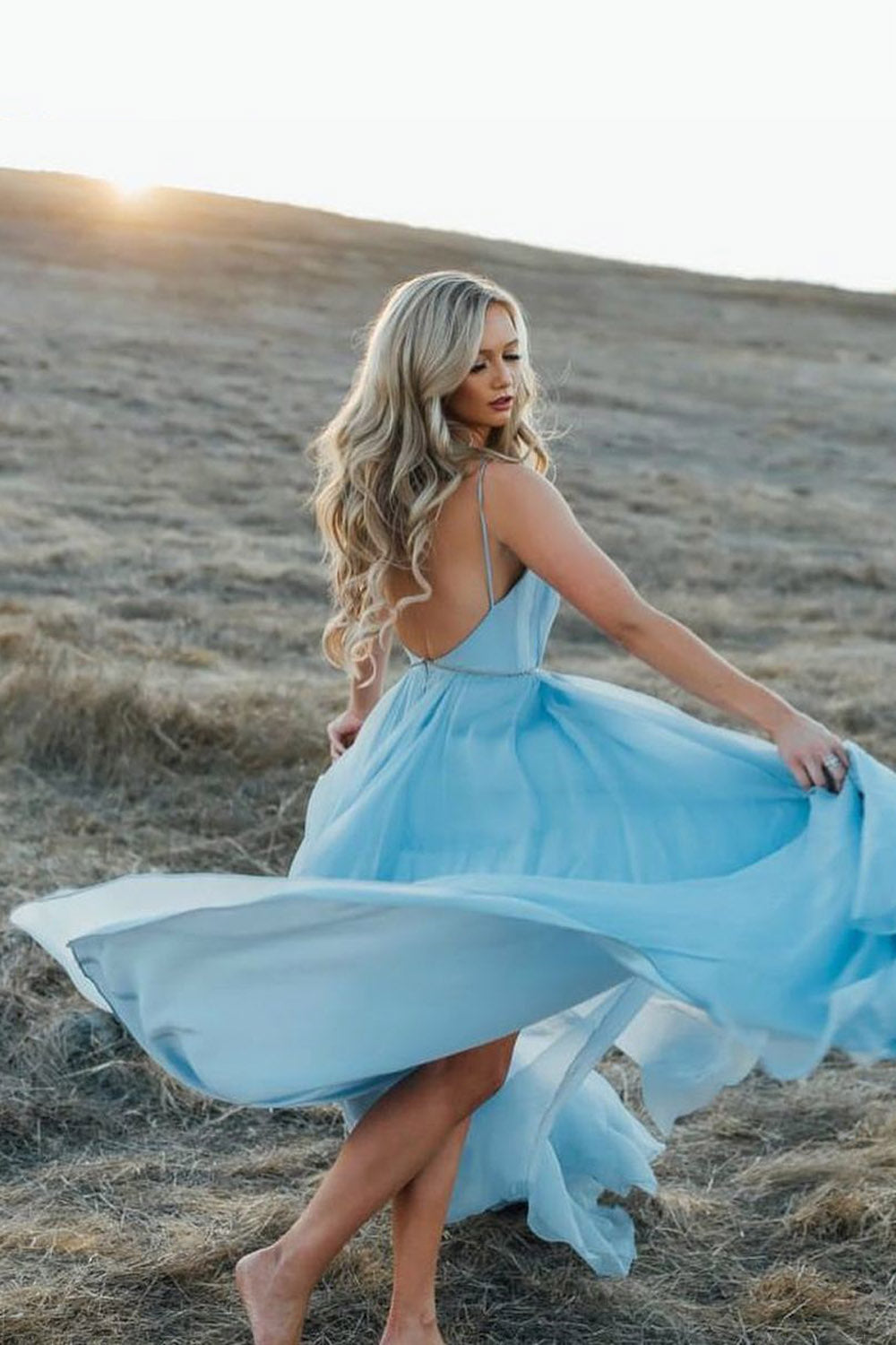 Rustic Sky Blue Chiffon Wedding Dress Slit Prom Dress,WW084 – winkbridal