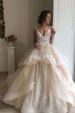 Charming A-line Champagne Layered Tulle Wedding Dress with Appliques,WW094