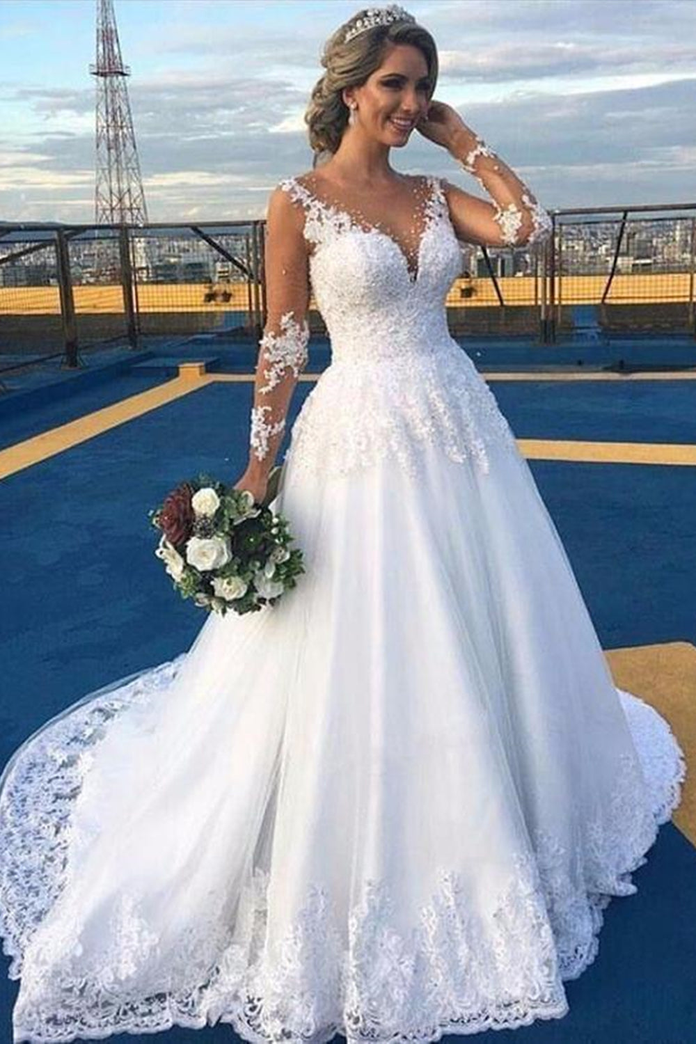 Sheer Sleeve White Tulle Wedding Dress With Lace Appliques ,WW145