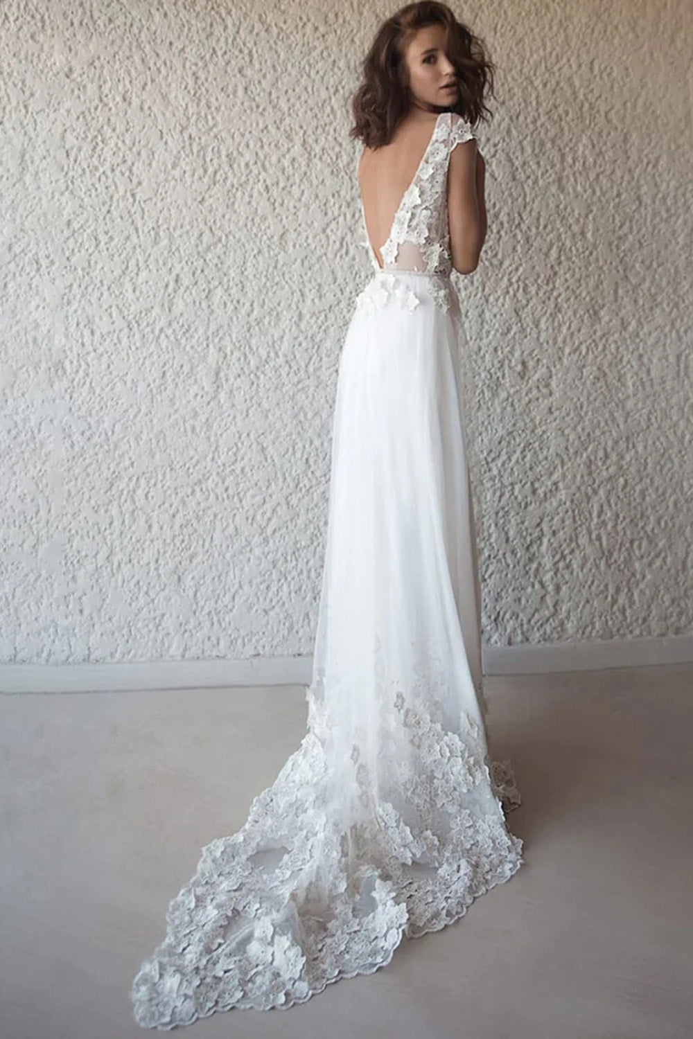 Ivory Cap Sleeve Boho Wedding Dress,Lace Appliques Beach Bridal Gown,WW172
