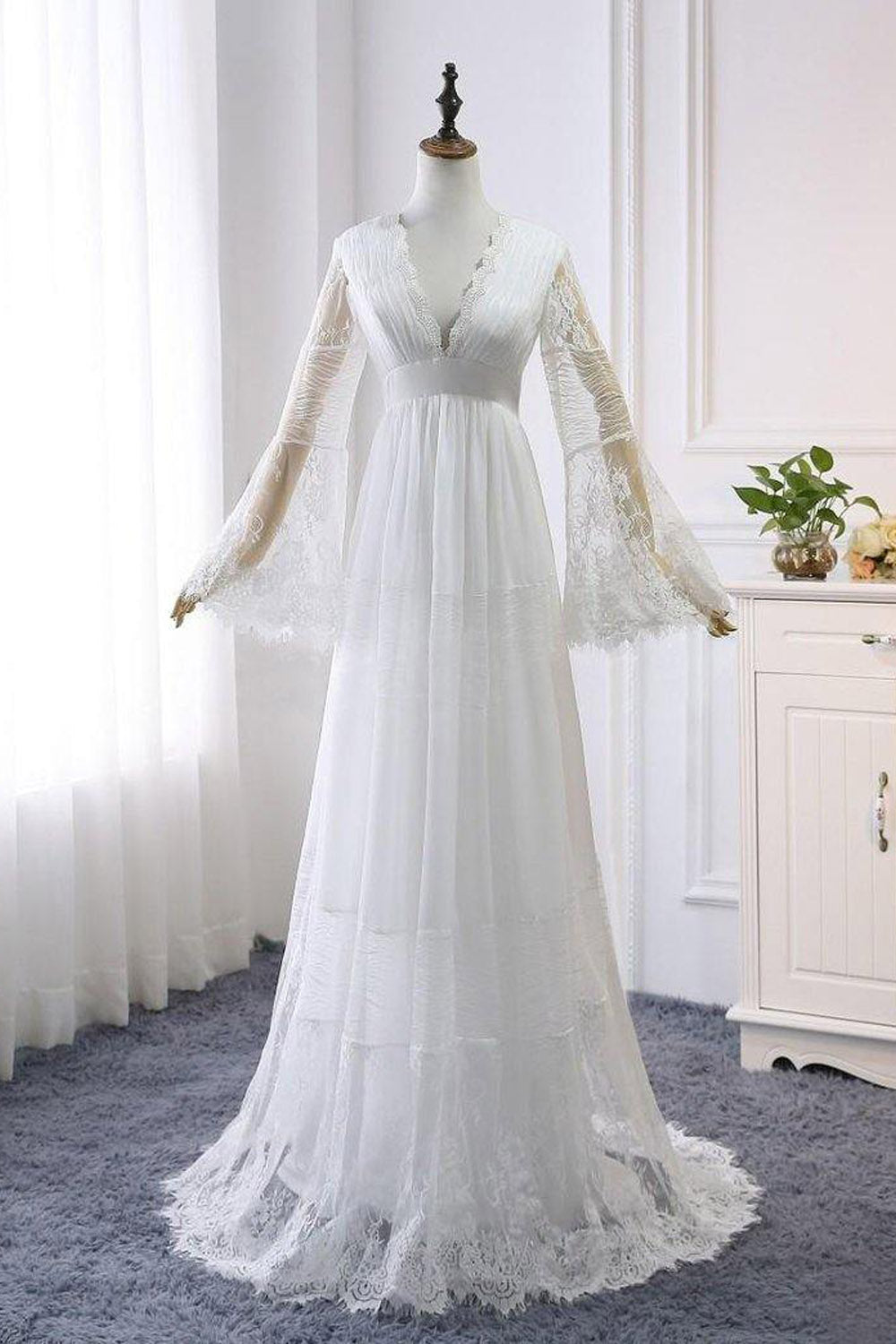 A-line Long Sleeve White Lace Wedding Dress Rustic Bridal Gown,WW218