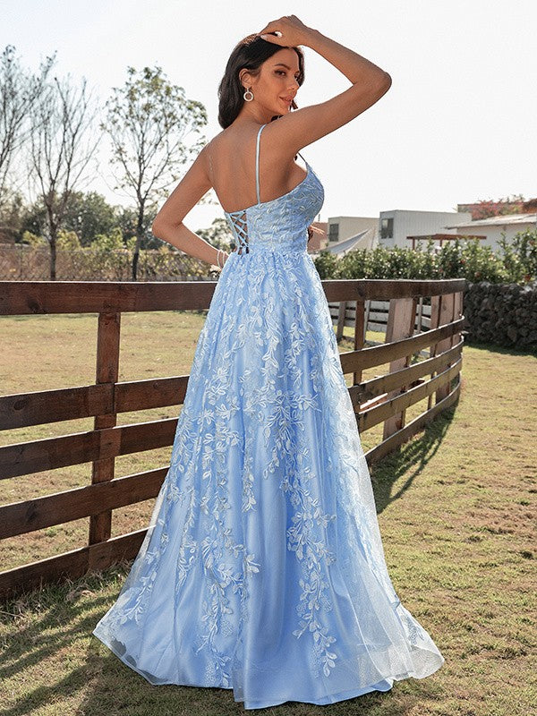 A Line Sky Blue Lace Appliques Prom Dress Lace Up Party Dress,WP288