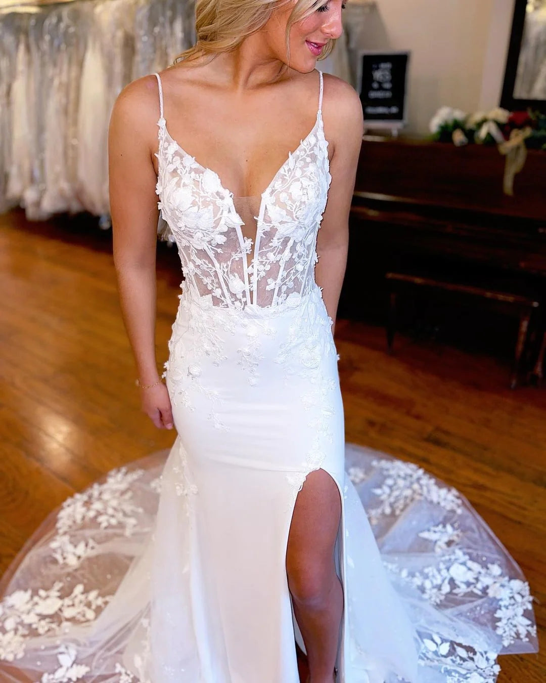 Charming Mermaid White Lace Wedding Dress With Leg Slit,WW315