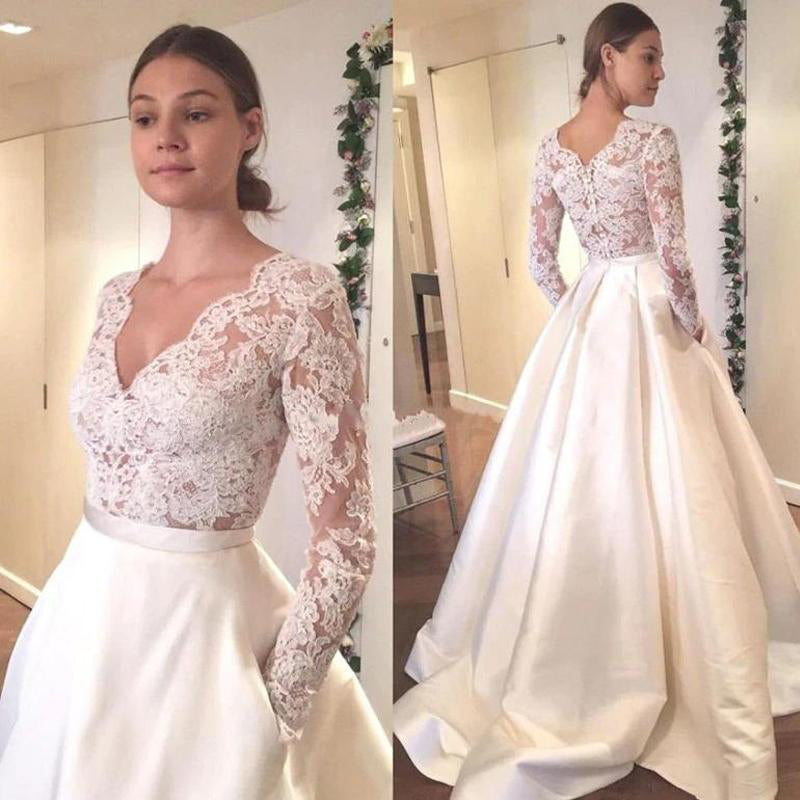 A-line Long Sleeve Lace Top Ivory satin Wedding Dresses,WW163