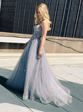 A-Line Gray Tulle Long Prom Dress With Appliques,WP342
