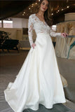A-line Long Sleeve Lace Top Ivory satin Wedding Dresses,WW163