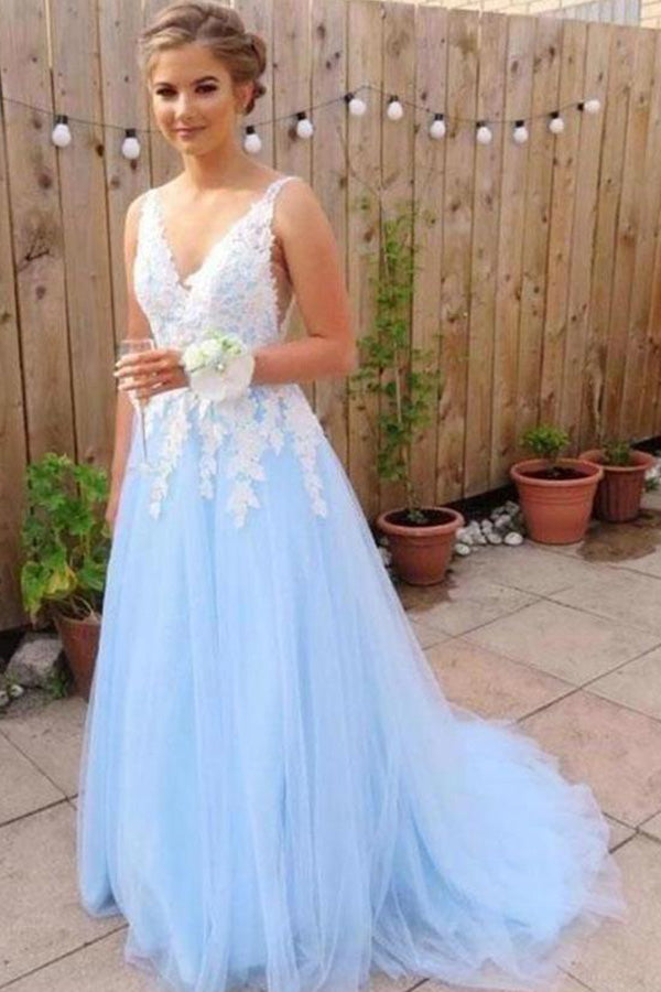 Blue Tulle Lace Appliqued Long Prom Dress Long Evening Dress,WP121