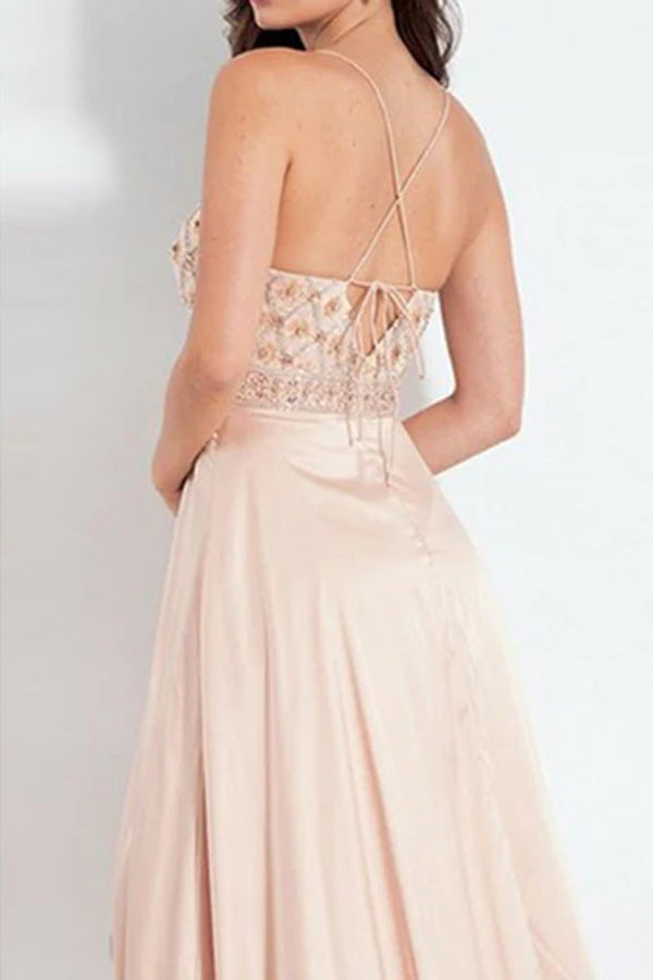 A Line Pink Elastic Satin Prom Dress With Beading,WP229