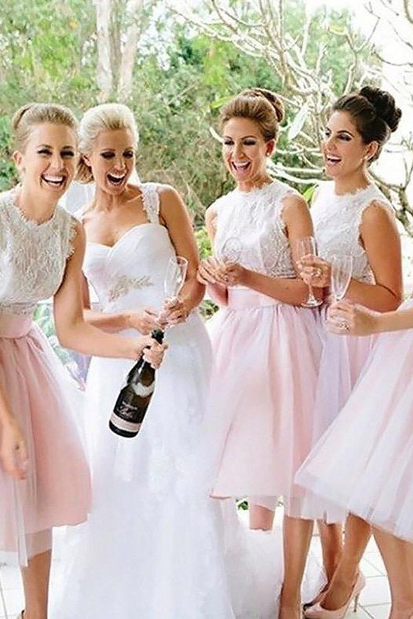 Two Piece Tea-Length Pink Bridesmaid Dress With Lace Top WB028