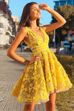 A Line V Neck Short Yellow Lace Homecoming Dress,WD007