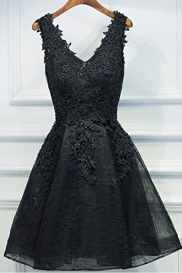 A Line Black Lace Short Prom Dress,Appliques Homecoming Dress ,WD011