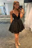 A Line V Neck Black Lace Short Homecoming Dress Homecoming Dress,WD086