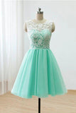 A-line Mint Green Tulle Lace Short Homecoming Dress Round Neck Party Dress,WD088