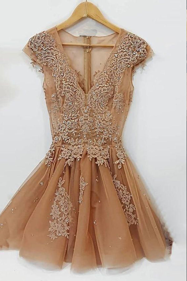 A Line Champagne Tulle Short Homecoming Dress With Appliques,WD104