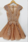A Line Champagne Tulle Short Homecoming Dress With Appliques,WD104