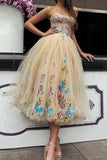 Ball Gown Champagne Short Homecoming Dress Strapless Butterfly Floral Party Dress,WD113