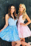 A Line Blue Lace Short Homecoming Dress WD190