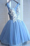 Blue Tulle Short Homecoming Dress Appliques Party Dress,WD126