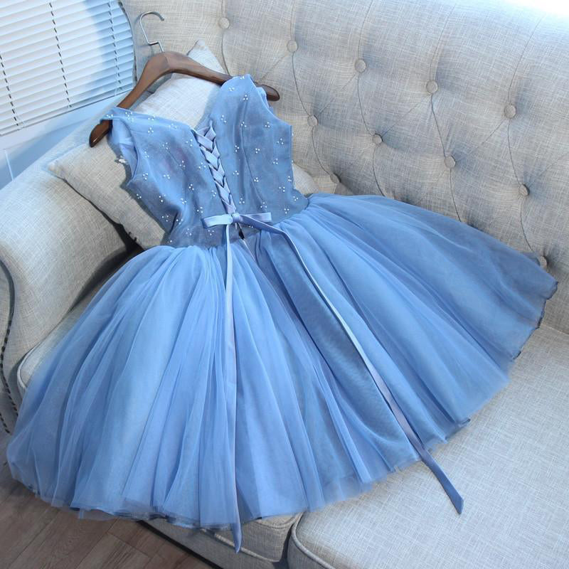 Blue Tulle Short Homecoming Dress Appliques Party Dress,WD126