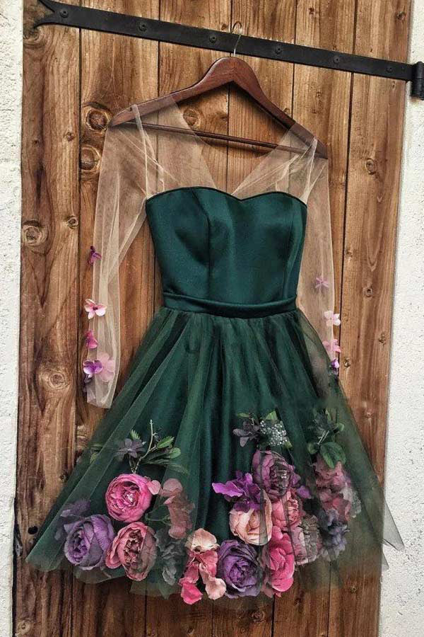 Gorgeous 3D Applique Long Sleeve Short Prom Dress V Neck Homecoming Dress,WD180