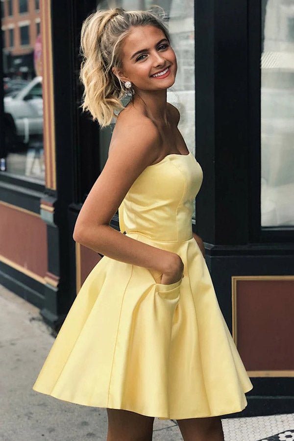 A Line Strapless Yellow Satin Homecoming Dress,Yellow Graduation Dress WD261