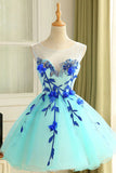 A-Line 3D Floral Short Prom Dress  Blue Homecoming Dress WD202