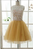 A-line Champagne Tulle And Lace Short Homecoming Dress,Cocktail Dress,WD238