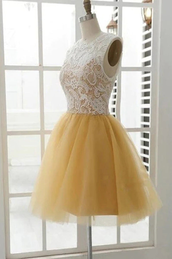 A-line Champagne Tulle And Lace Short Homecoming Dress,Cocktail Dress,WD238
