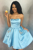 2022 Homecoming Dress Strapless Blue Satin Short Homecoming Dresses WD252