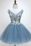 A Line Blue Tulle Homecoming Dress With Lace Appliques,WD060